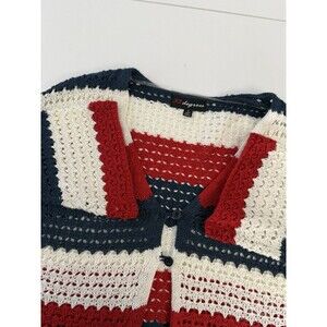 Women's 33 Degrees L White/Blue/Red Crochet Soft Knit Cardigan grandma core prep